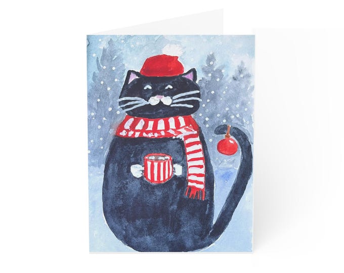 Watercolor Cozy Cat with Cocoa Greeting Cards | Set of 1, 10, 30, 50