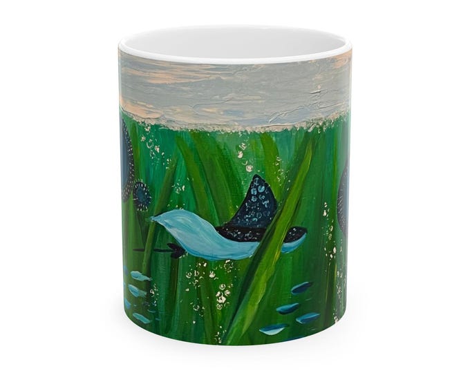 Coastal Mug: Abstract Eagle Ray & Jellyfish - Ocean Art Coffee Cup