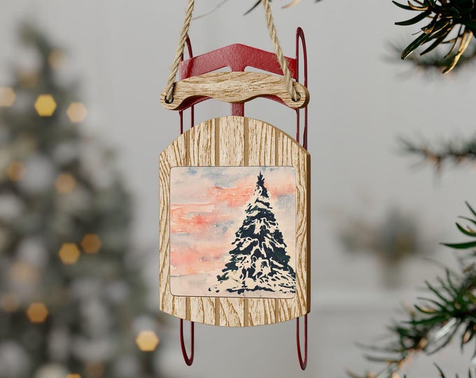 Watercolor Abstract Tree Sled Ornament | Handpainted Holiday Decor