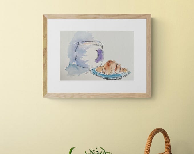 Coffee and Croissant Watercolor Print: French Kitchen Art
