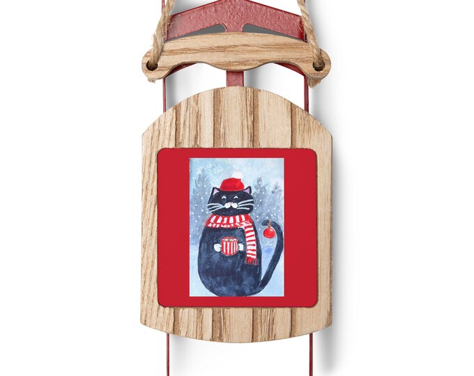 Ornament, Cat Holding Hot Cocoa Sled Christmas Tree Decor, Holiday Gift, Winter Decoration, Rustic Woodland Ornament, Festive Cat Lover Gift