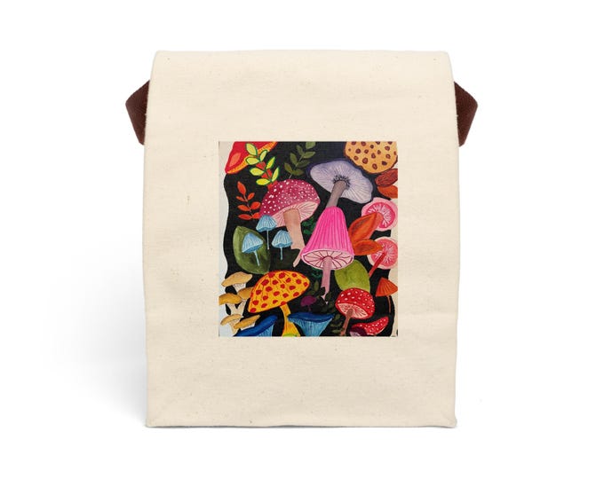 Mushroom Lunch Bag, Colorful Cotton Canvas Tote