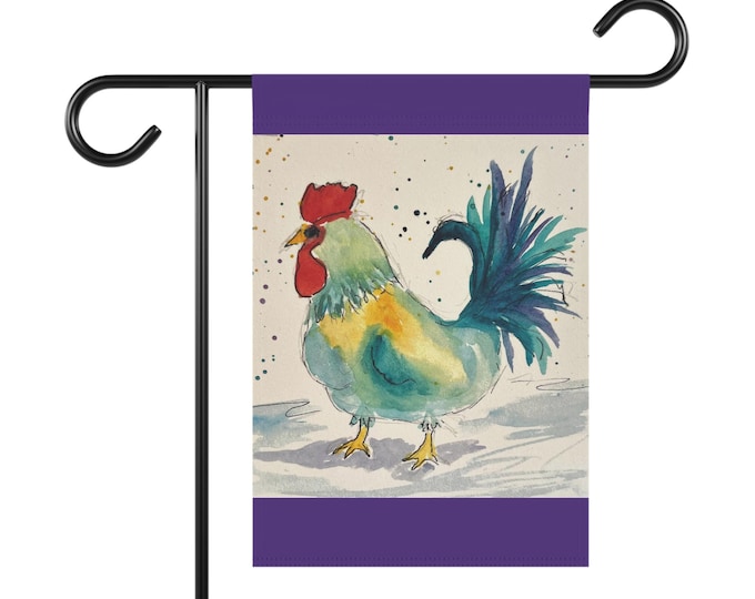 Watercolor Rooster Garden Flag, Farmhouse Cottagecore Yard Decor (Flag Only)