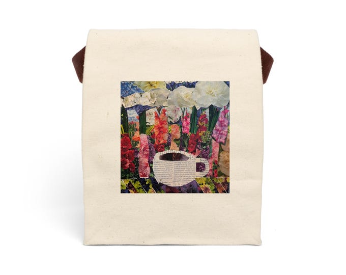 Floral Coffee Mug Collage Canvas Lunch Bag - Eco-Friendly Lunchbox