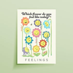 Könnte beinhalten: Ein skurriler Druck mit illustrierten Blumen, jede mit einem anderen Gesichtsausdruck, der verschiedene Gefühle darstellt. Der Text "Which flower do you feel like today?" steht oben, mit dem Wort "FEELINGS" unten.