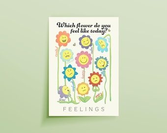 Retro Flower Feelings Poster for Kids – SEL Emotional Check-In Chart & Mood Visual for Classroom, Nursery, or Playroom