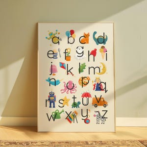 May include: Alphabet poster featuring colorful illustrations for each letter. Includes a robot, a cat, a dinosaur, and other whimsical images. The poster is framed and ready to hang.