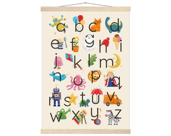Framed Hand-Drawn Alphabet Poster for Kids – Lowercase ABC Wall Art – Gender Neutral Nursery Print – Educational Toddler Decor
