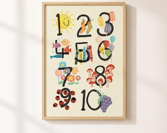 Póster Montessori de los números del 1 al 10: Lámina artística para aprender a contar con un toque de fantasía.