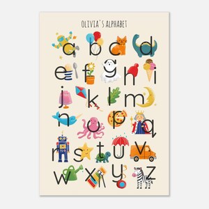 Personalisiertes, handgezeichnetes Alphabet-Poster für Kinder - ABC Wandkunst in Kleinbuchstaben - Gender-Neutrales Kinderzimmer-Dekor