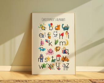 Personalised Hand-Drawn Alphabet Poster for Kids – Lowercase ABC Wall Art – Gender Neutral Nursery Print – Educational Toddler Decor