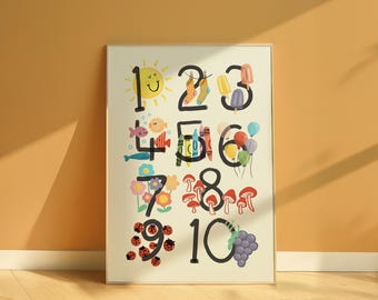 Number Poster 1-10 | Montessori Nursery Decor | Educational Counting Wall Art Print for Kids Room or Homeschool