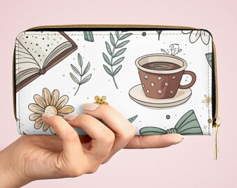 Books and Tea Floral Zipper Wallet, Dark Academia Card Holder