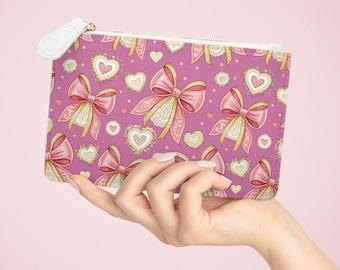 Pink Bow Mini Clutch, Coquette Heart Pattern Pouch, Makeup Bag