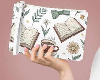 Books and Tea Canvas Clutch, Dark Academia Wristlet