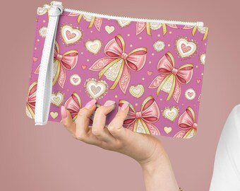 Pink Bow Hearts Clutch Bag, Coquette Faux Leather Wristlet