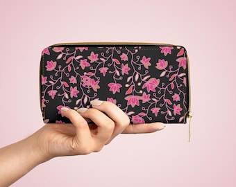 Pink Floral Vine Zipper Wallet, Dark Botanical Lotus Wallet, Vegan Leather Card Holder, Witchy Cottagecore Gift, Moody Flower Wristlet Her
