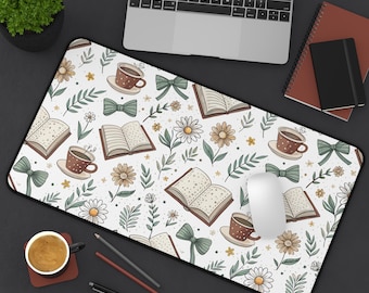 Dark Academia Desk Mat, Books and Tea, Floral Mousepad