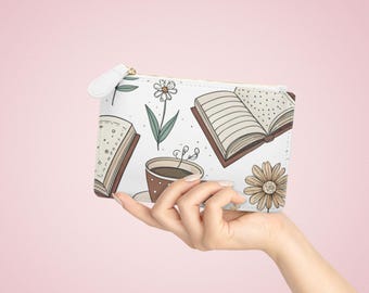 Books and Tea Mini Clutch, Literary Vegan Leather Wristlet