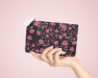 Mini Clutch Bag Pink Wildflower Pattern | Floral Zip Pouch, Black Background