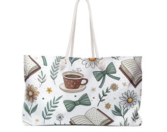 Literary Weekender Bag, Tea Books Floral Print, Book Lover Gift