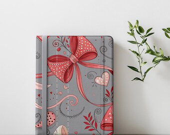 ピンクと赤のリボンとハートのタブレットフォリオケース | バレンタインのロマンチックなパターン