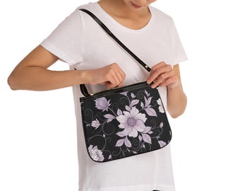 Lilac Floral Purse I Small Shoulder Bag | Small Black Floral Purse I 90s Y2K Flower Handbag I Boho Floral Handbag I Minimalist Floral Purse