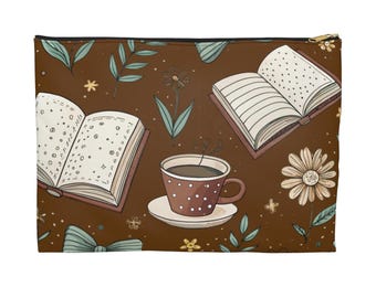 心地よい本とお茶のアクセサリーポーチ | ブラウンフローラルリーディングパターン