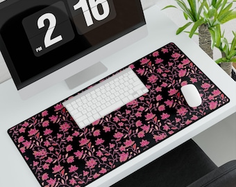 Pink Floral Desk Mat, Dark Botanical Mousepad, Cottagecore Office Decor