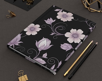 Hardcover Journal Lilac Floral Pattern, Black hardcover journal, Book lovers, gift for her, cute journal