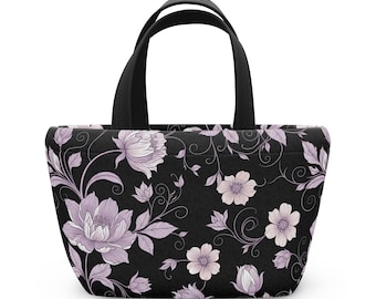Midnight Botanical Lunch Bag - Black with Lavender Floral Design - Insulated Aesthetic Lunch Box for Office or School - Coordinated Desk Set