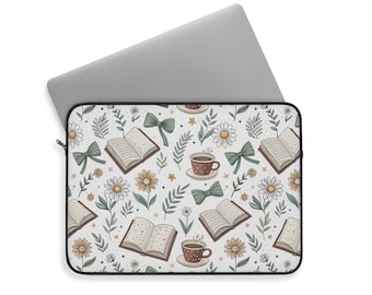 Bookish Laptop Sleeve, Books and Tea Design, Dark Academia Style