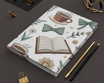 Hardcover Journal for Book Lovers, Cozy Dark Academia Notebook, Reading Tracker Diary, Bibliophile Gift for Her, Books and Tea Stationery