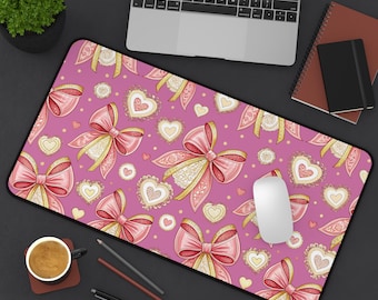 Pink Bows Desk Mat, Coquette Heart Pattern, Office Decor