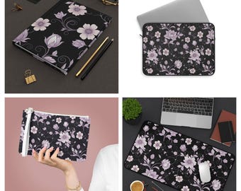 Midnight Floral Aesthetic Desk Bundle, Floral Notebook, Laptop Sleeve & Desk Mat - Moody Cottagecore Office Gift Set - 4 Piece Collection