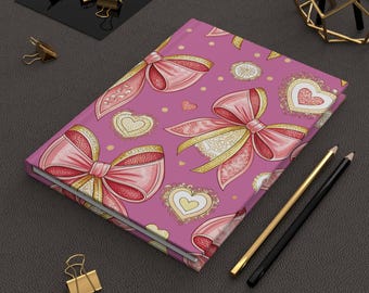Hardcover Journal Pink Bow and Hearts | Hardcover Notebook, Valentine Pattern