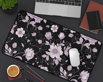 Black Floral Desk Mat, Botanical Butterfly Mousepad, Dark Cottagecore Office Decor
