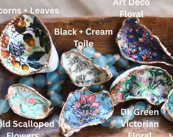 Botanical Collection Oyster Shell Ring Dish, Shell Trinket Dish, Decoupage Oyster Shells, Shell Decor, Beach Decor, Hostess Gift Shower Gift
