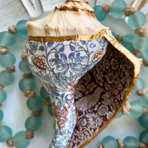 Decoupage Whelk Shell: Chinoiserie Beach Decor with Gold Leaf