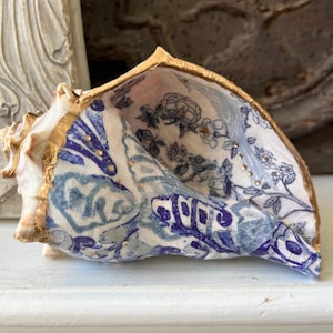 Decoupage Whelk Shell: Chinoiserie Beach Decor with Gold Leaf