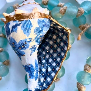 Decoupage Whelk Shell: Chinoiserie Beach Decor with Gold Leaf