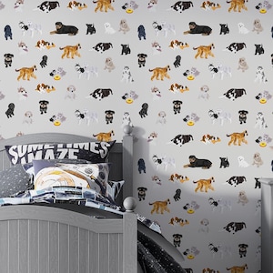 Playful Puppy Wallpaper, Kids Nursery Decor, Dog Breed Wall Mural