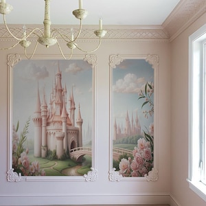 Papel pintado mágico de castillo rosa, autoadhesivo, para niñas, decoración de pared para habitación infantil, mural infantil, decoración de pared para habitación infantil con forma de castillo de princesa, mural en tonos rosas