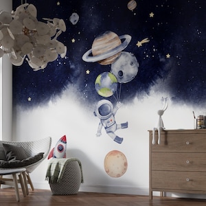 Carta da parati spaziale per bambini, adesivi murali per cameretta dei bambini, decorazioni per baby shower, regalo per neonato, carta da parati per bambini staccabile e attaccabile, carta da parati per bambini con astronauta
