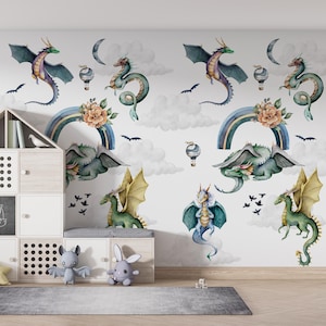 Drachen Tapete Kinderzimmer Dekoration, Aquarell Fantasy Wandaufkleber, Kinderzimmerdeko, Abnehmbare Wandaufkleber, Baby Drache