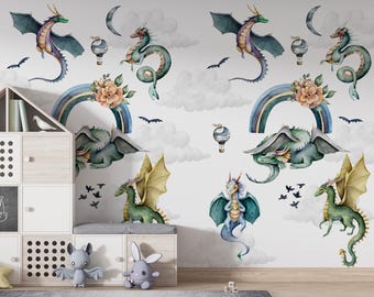 Watercolor Dragon Textile Wall Mural, Fantasy Nursery Wallpaper for Kids Room