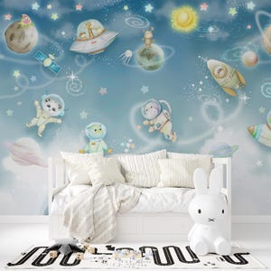 Kids Space Wallpaper for Kids Room – Astronaut Rocket Planets Wall Mural – Outer Space Galaxy Wallpaper for Boys and Girls Bedroom
