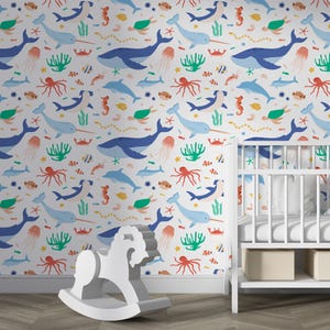 Adesivi murali con animali dell'oceano, adesivi murali con vita marina, decorazioni per la cameretta dei bambini con vita marina in acquerello, decorazioni murali per la cameretta dei bambini