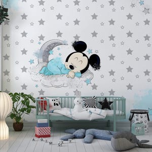 Mickey Mouse Kids Room Wallpaper ,Cartoon Wallpaper,  Kids Room Wallpaper, Mickey and Minnie Wallpaper, Baby Gifts, Sleepy Mickey Wall Decal