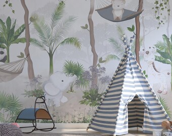Calcomanía de pared con acuarela de animales de safari para bebés, papel tapiz de acuarela, mural para guardería, calcomanía de pared con jirafa y elefante, calcomanía de árbol para despegar y pegar